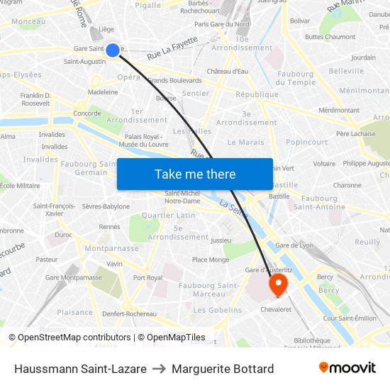 Haussmann Saint-Lazare to Marguerite Bottard map