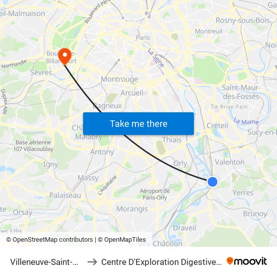 Villeneuve-Saint-Georges to Centre D'Exploration Digestive de L'Enfant map