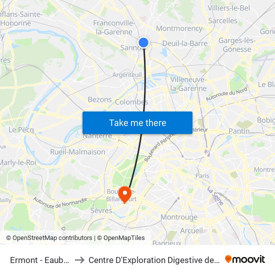 Ermont - Eaubonne to Centre D'Exploration Digestive de L'Enfant map