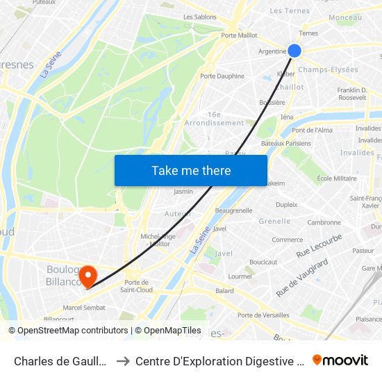 Charles de Gaulle Etoile to Centre D'Exploration Digestive de L'Enfant map