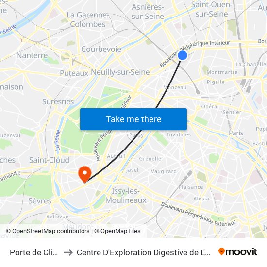 Porte de Clichy to Centre D'Exploration Digestive de L'Enfant map