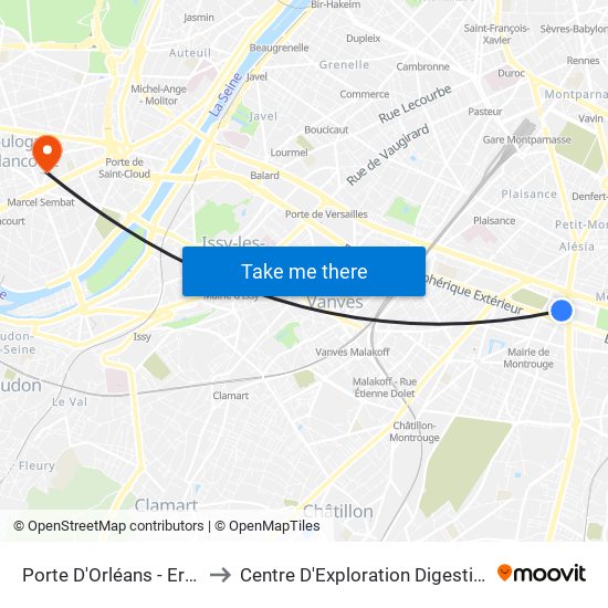 Porte D'Orléans - Ernest Reyer to Centre D'Exploration Digestive de L'Enfant map