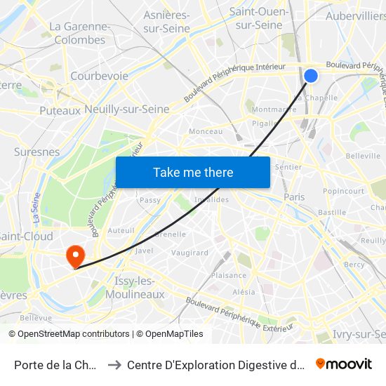 Porte de la Chapelle to Centre D'Exploration Digestive de L'Enfant map