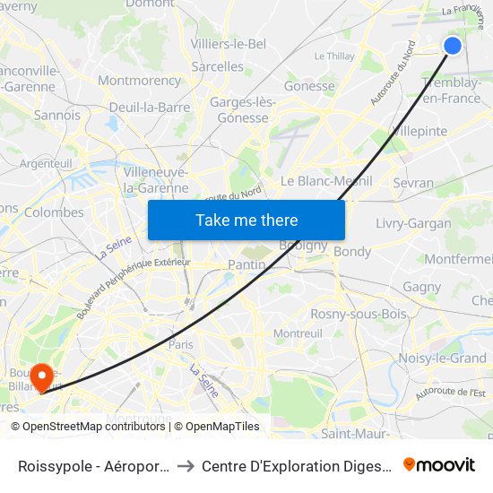 Roissypole - Aéroport Cdg1 (D1) to Centre D'Exploration Digestive de L'Enfant map