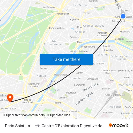 Paris Saint-Lazare to Centre D'Exploration Digestive de L'Enfant map