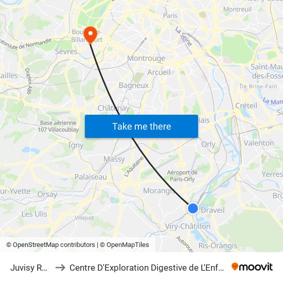 Juvisy RER to Centre D'Exploration Digestive de L'Enfant map