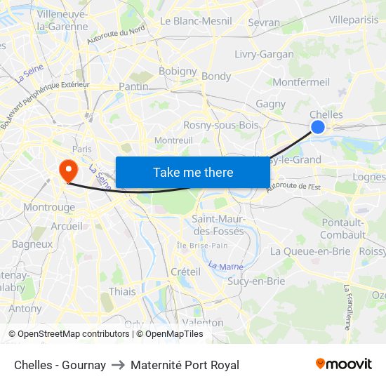 Chelles - Gournay to Maternité Port Royal map