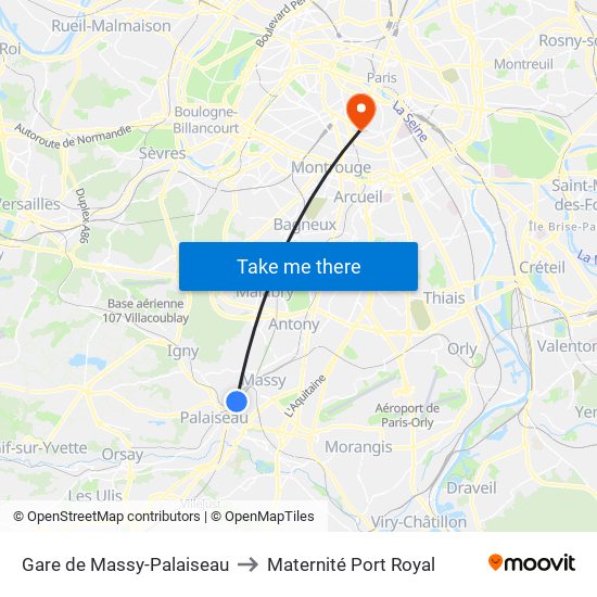 Gare de Massy-Palaiseau to Maternité Port Royal map