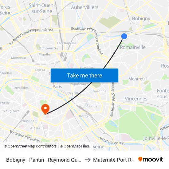 Bobigny - Pantin - Raymond Queneau to Maternité Port Royal map