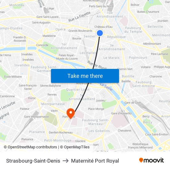 Strasbourg-Saint-Denis to Maternité Port Royal map