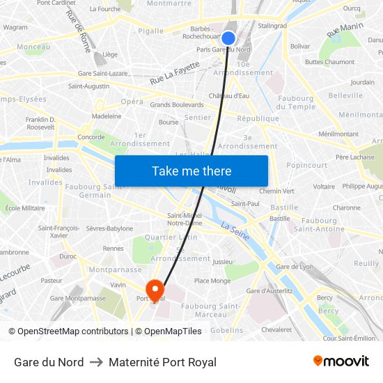 Gare du Nord to Maternité Port Royal map