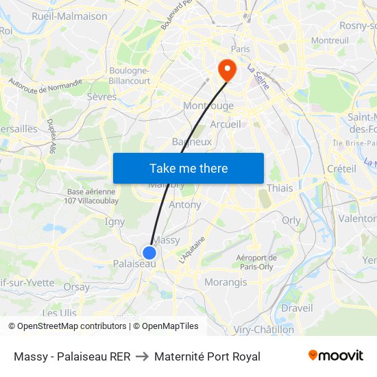 Massy - Palaiseau RER to Maternité Port Royal map