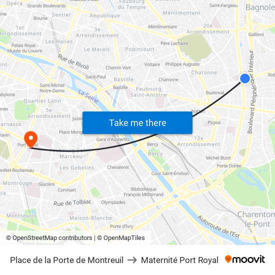 Place de la Porte de Montreuil to Maternité Port Royal map