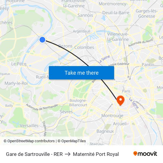 Gare de Sartrouville - RER to Maternité Port Royal map