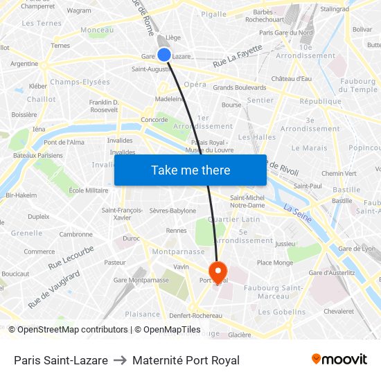 Paris Saint-Lazare to Maternité Port Royal map