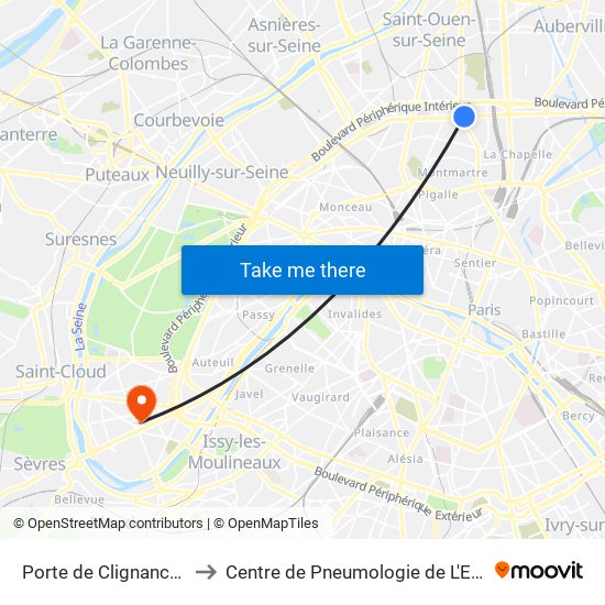 Porte de Clignancourt to Centre de Pneumologie de L'Enfant map