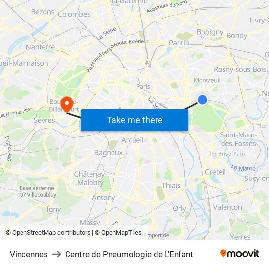 Vincennes to Centre de Pneumologie de L'Enfant map
