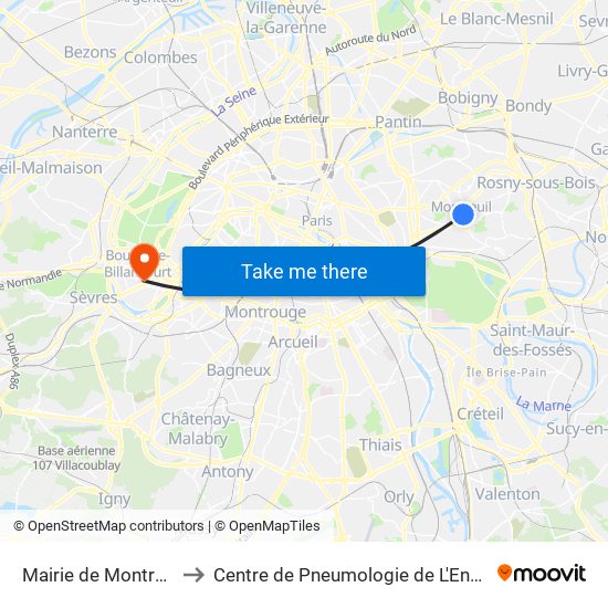 Mairie de Montreuil to Centre de Pneumologie de L'Enfant map