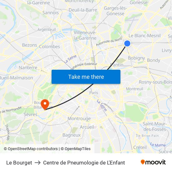 Le Bourget to Centre de Pneumologie de L'Enfant map