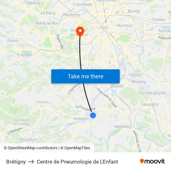 Brétigny to Centre de Pneumologie de L'Enfant map
