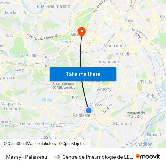 Massy - Palaiseau RER to Centre de Pneumologie de L'Enfant map