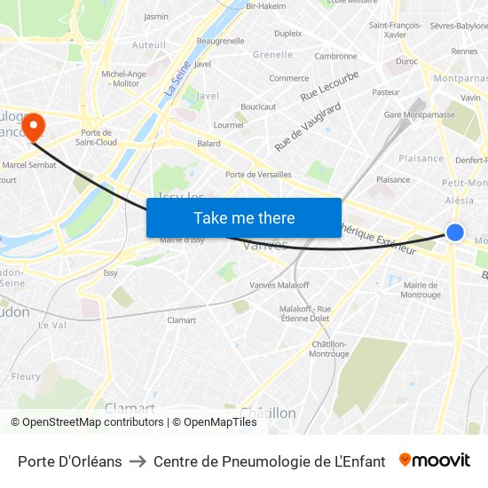 Porte D'Orléans to Centre de Pneumologie de L'Enfant map