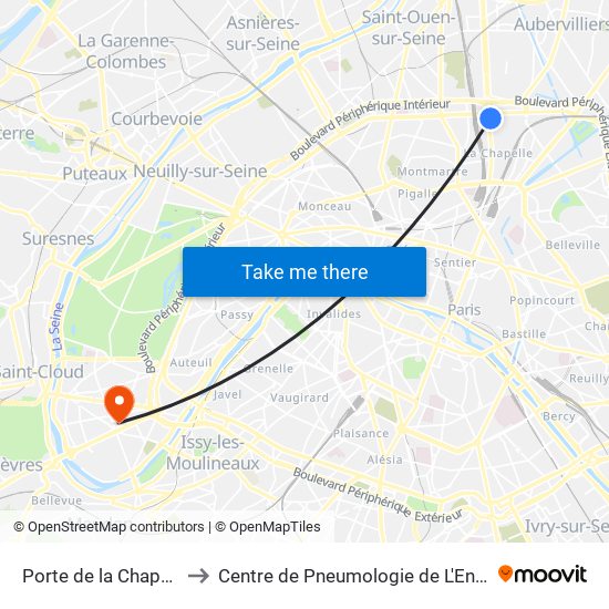 Porte de la Chapelle to Centre de Pneumologie de L'Enfant map