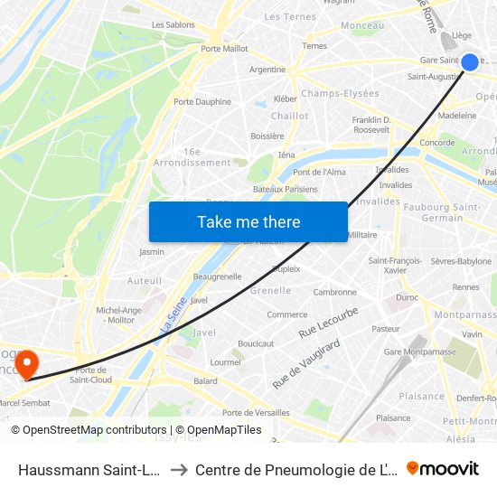 Haussmann Saint-Lazare to Centre de Pneumologie de L'Enfant map