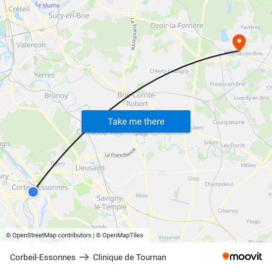 Corbeil-Essonnes to Clinique de Tournan map