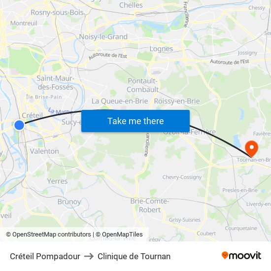 Créteil Pompadour to Clinique de Tournan map