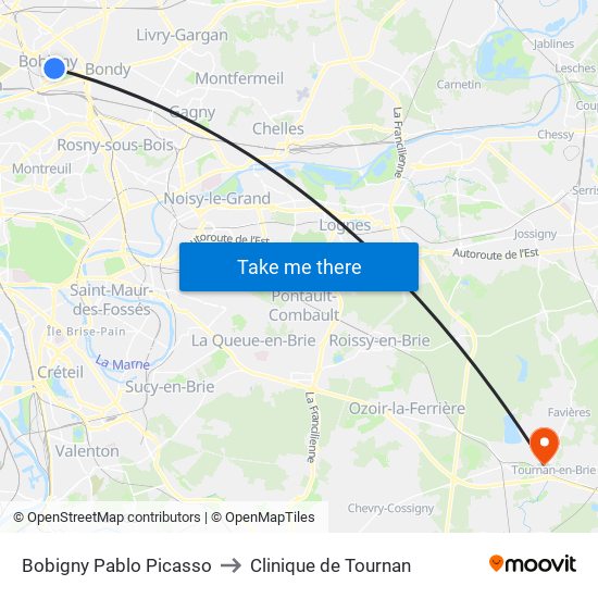 Bobigny Pablo Picasso to Clinique de Tournan map