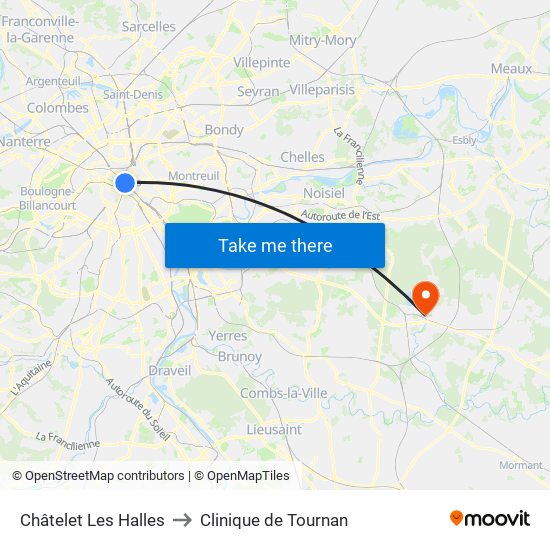 Châtelet Les Halles to Clinique de Tournan map