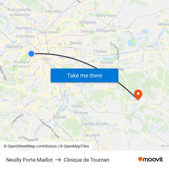 Neuilly Porte Maillot to Clinique de Tournan map