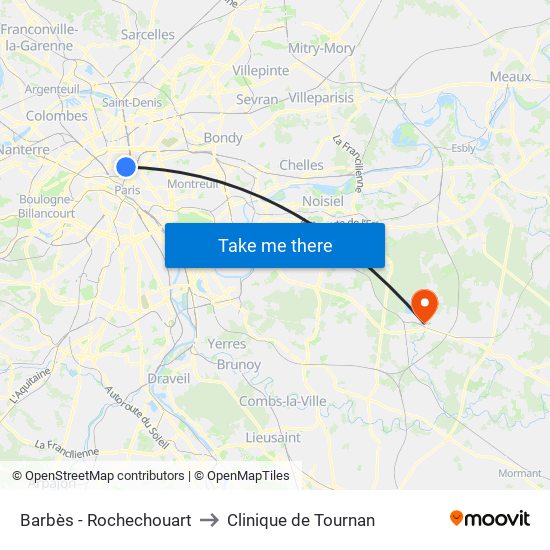 Barbès - Rochechouart to Clinique de Tournan map