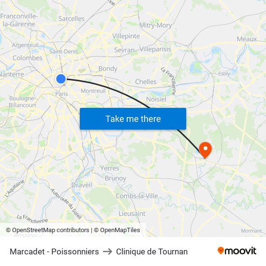 Marcadet - Poissonniers to Clinique de Tournan map