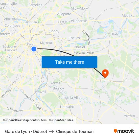 Gare de Lyon - Diderot to Clinique de Tournan map