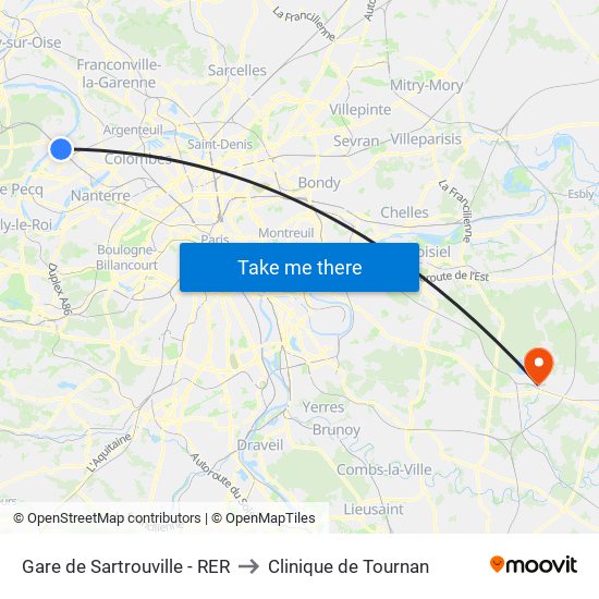 Gare de Sartrouville - RER to Clinique de Tournan map