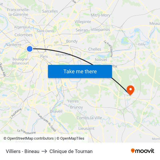 Villiers - Bineau to Clinique de Tournan map