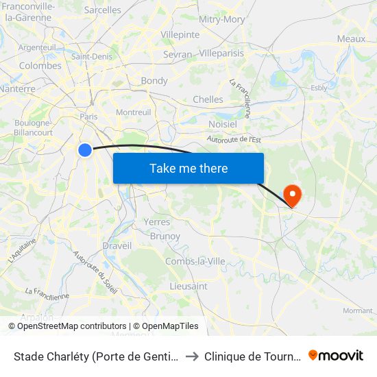 Stade Charléty (Porte de Gentilly) to Clinique de Tournan map