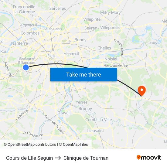 Cours de L'Ile Seguin to Clinique de Tournan map