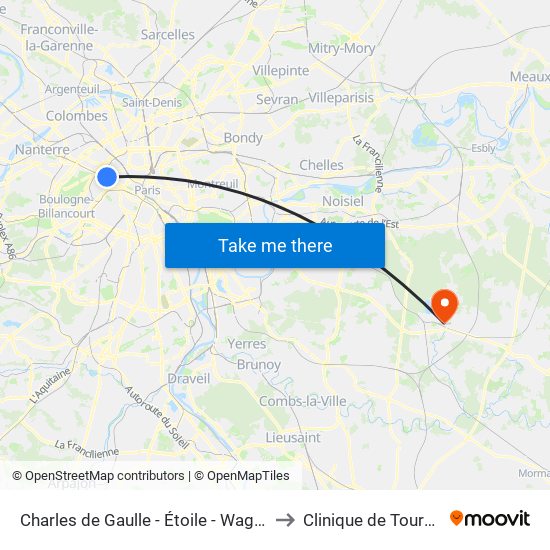 Charles de Gaulle - Étoile - Wagram to Clinique de Tournan map