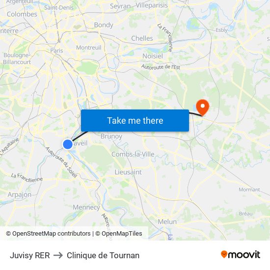 Juvisy RER to Clinique de Tournan map