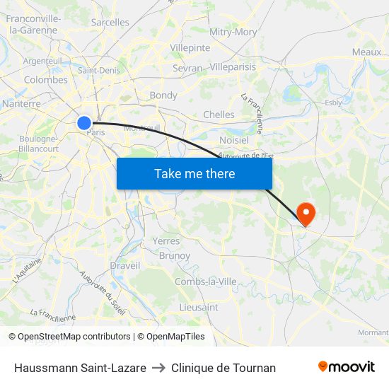 Haussmann Saint-Lazare to Clinique de Tournan map