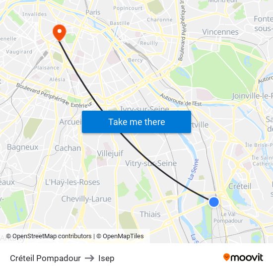 Créteil Pompadour to Isep map