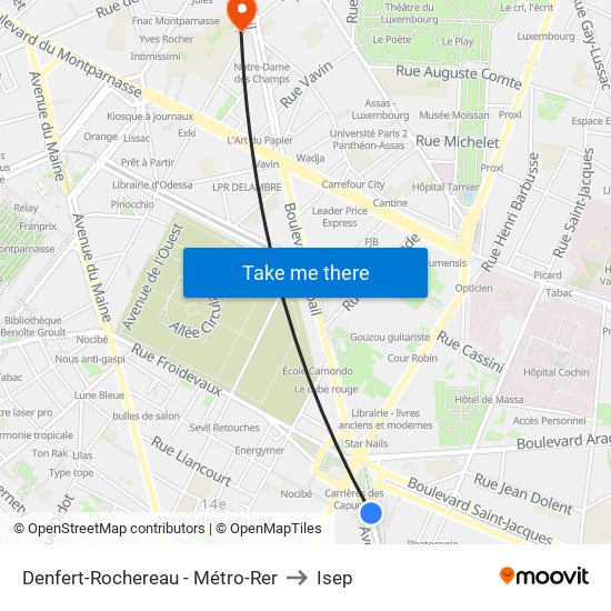 Denfert-Rochereau - Métro-Rer to Isep map