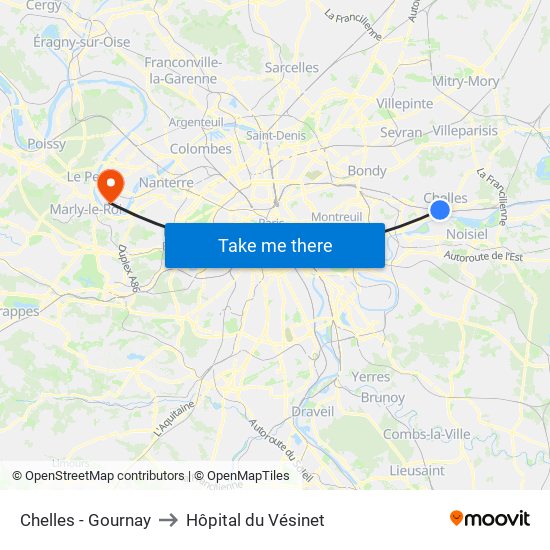 Chelles - Gournay to Hôpital du Vésinet map