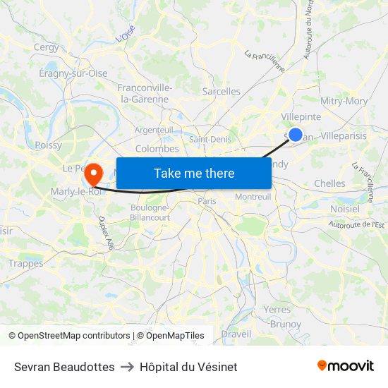 Sevran Beaudottes to Hôpital du Vésinet map