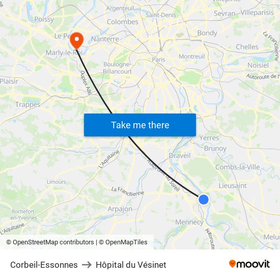 Corbeil-Essonnes to Hôpital du Vésinet map