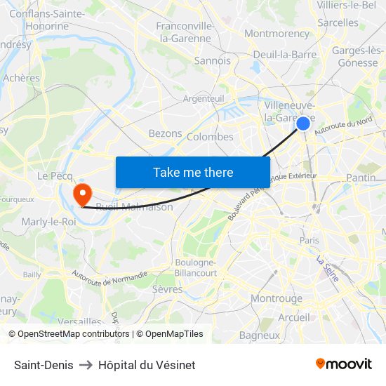 Saint-Denis to Hôpital du Vésinet map