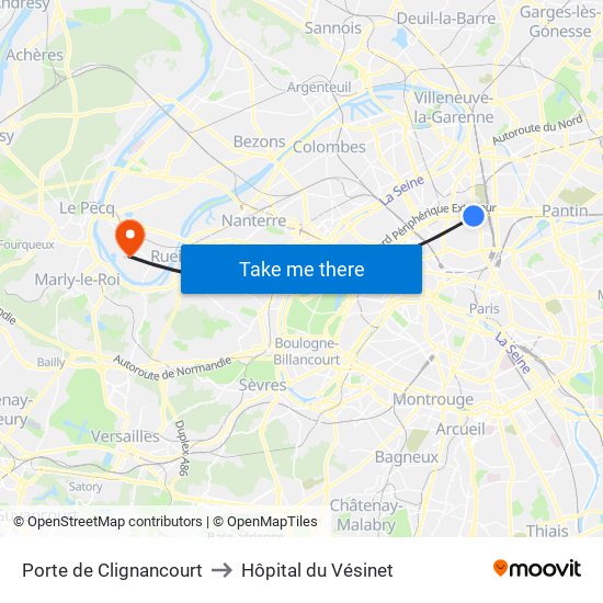 Porte de Clignancourt to Hôpital du Vésinet map